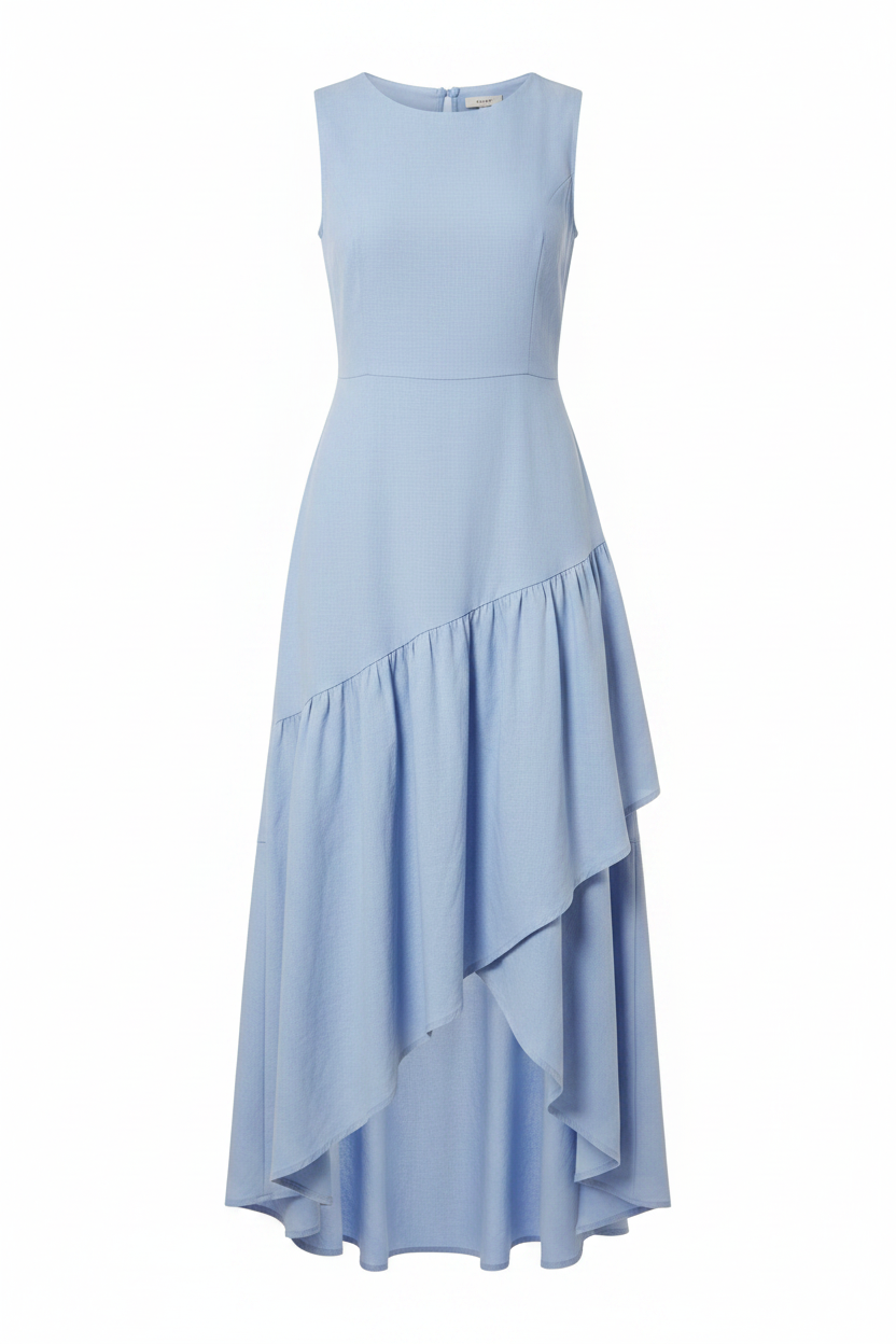 Blue Sleeveless Dress With An Asymmetrical Flounced Hem