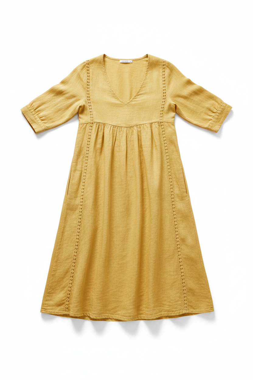 V-neck Patchwork Lace-trimmed Linen-cotton Dress