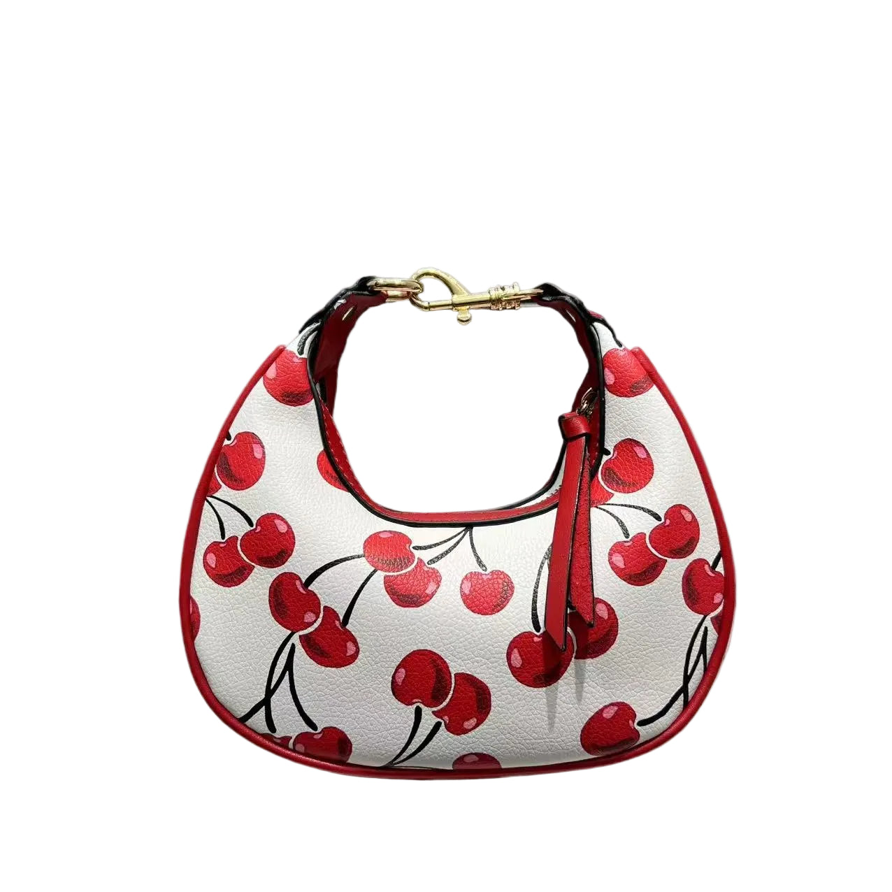 Handbag with red cherry design on a white background, featuring dimensions.