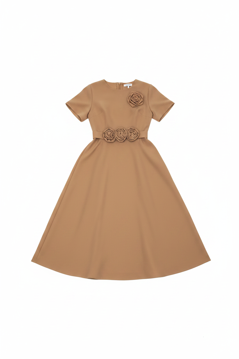 Womens Short-sleeve Three-dimensional Floral Dress