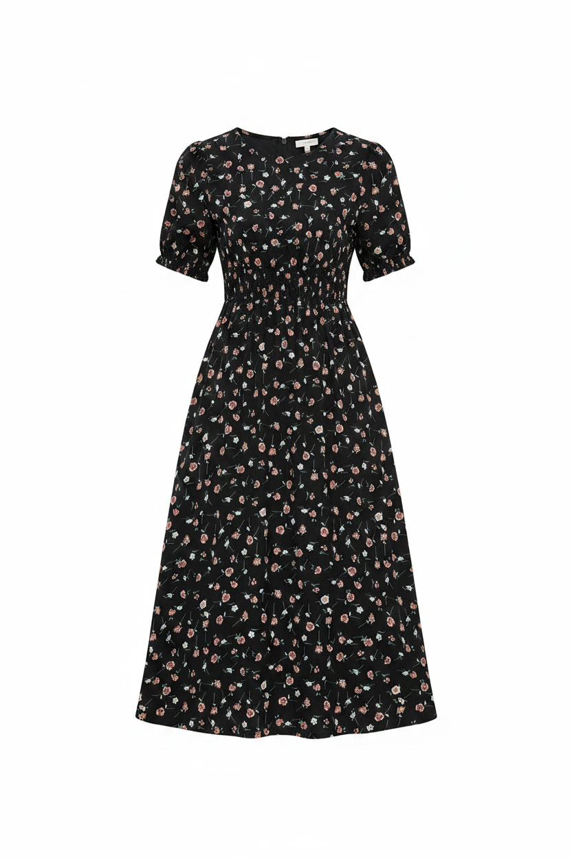 Womens Fashionable Printed Puff-sleeve Short-sleeved Dress