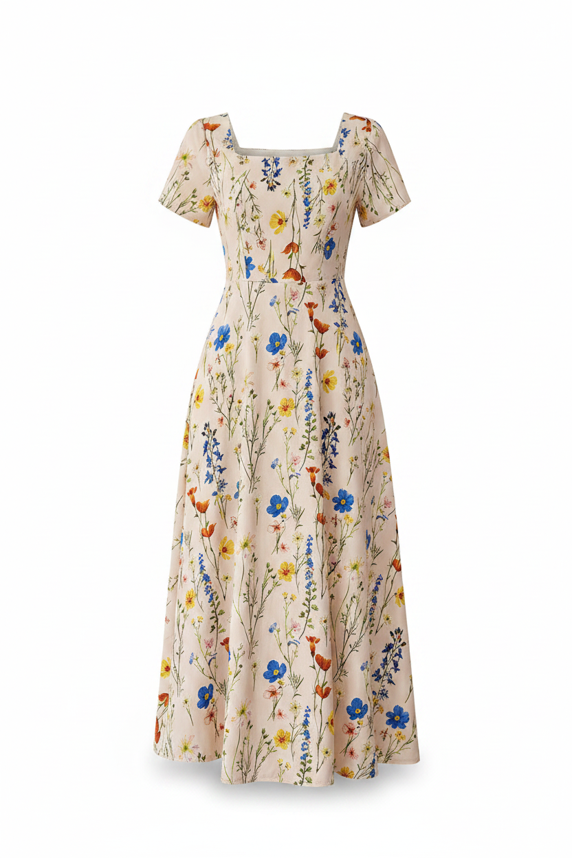 Womens Floral Print Square-Neck Short-Sleeve Dress
