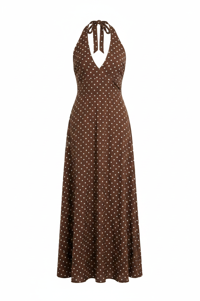 Coffee Polka Dot Halter V-Neck Tie-Waist A-Line Maxi Dress