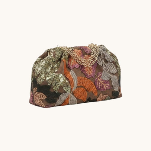Adan & Co embroidered clutch bag with leaf pattern in green, purple, and orange, featuring a soft polyester fiber interior and a single chain strap.