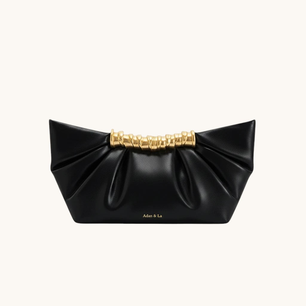 Adan & La black PU leather ruched clutch bag with gold hardware handle, urban minimalist style.