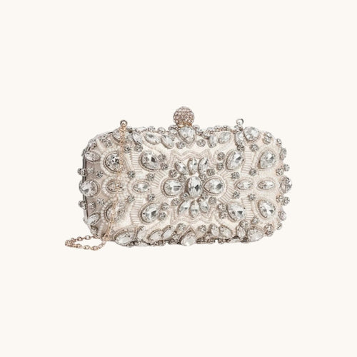 Adan & La clutch bag with gold silk bottom cloth, embellished with clear rhinestones and pearls. Hard box structure, 110cm chain.