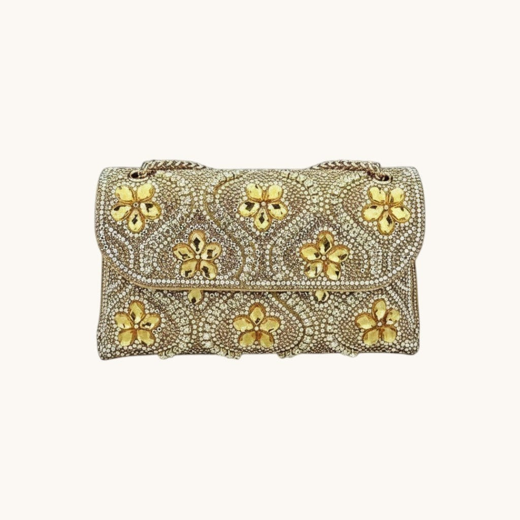 Adan & La crossbody bag with gold diamond embellishments and flower details. PU material, clasp closure.
