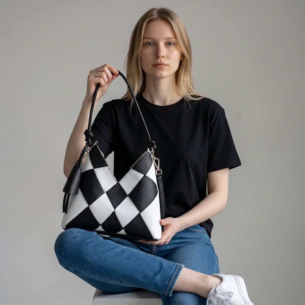 Adan & La Niche Woven Patchwork Bag in black and white PU leather with a horizontal square shape and single strap.