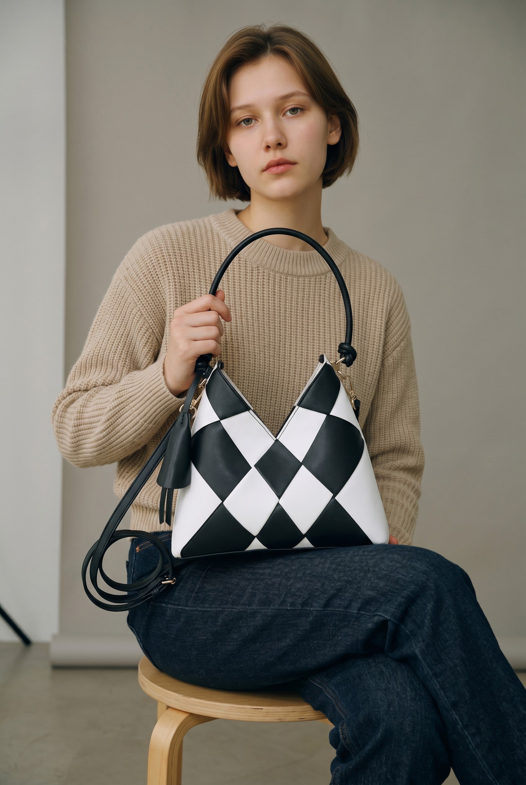 Adan & La Niche Woven Patchwork Bag in black and white PU leather with a horizontal square shape and single strap.