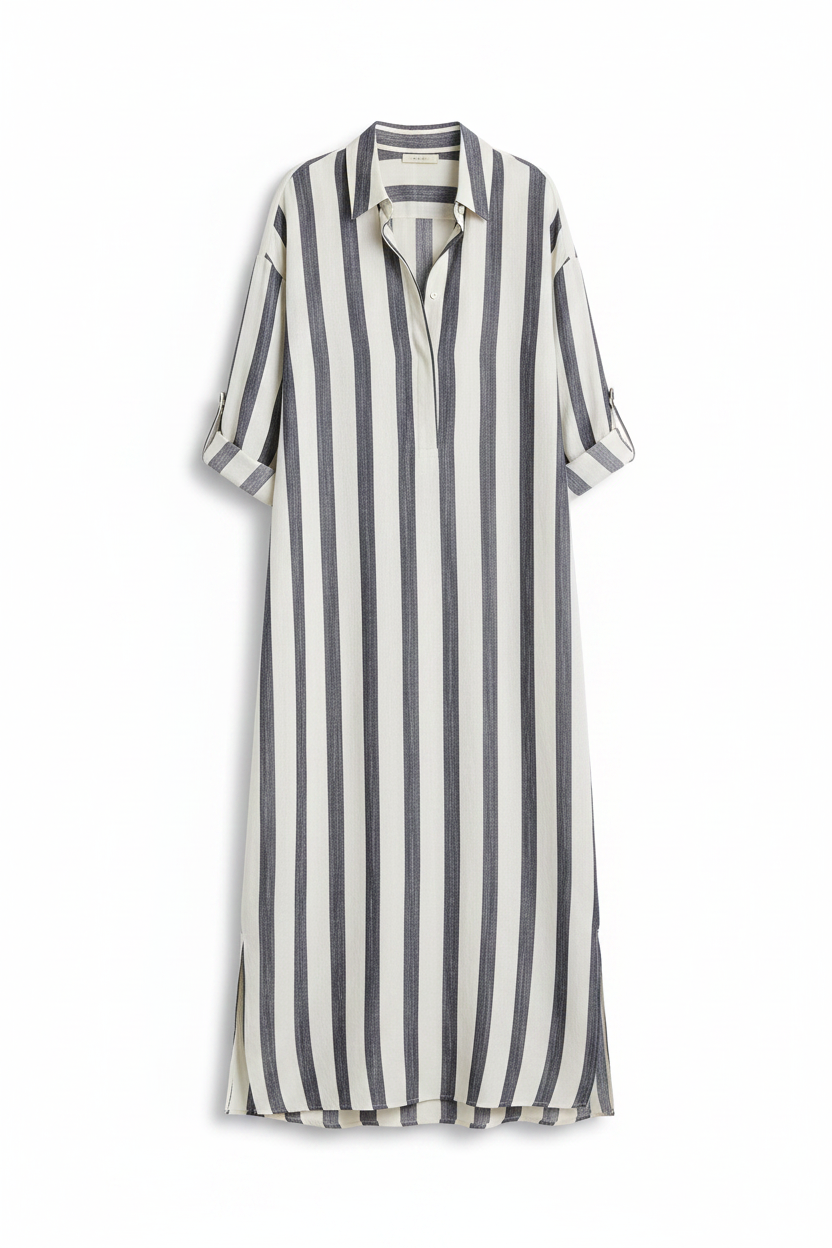 Stylish Loose V-neck Long Striped Sleeve Shirt Dress For Women Summer