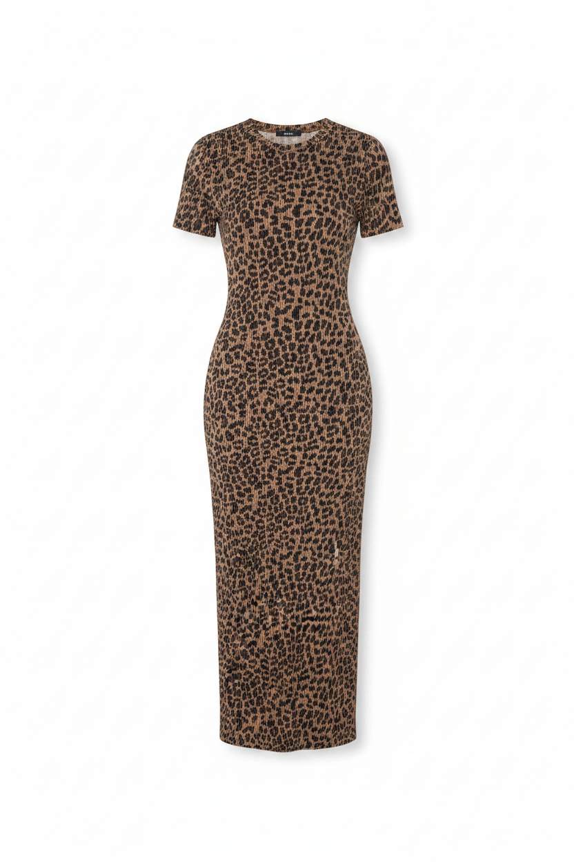 Fashionable Leopard-print Stretchy Printed Short-sleeve Slim-fit Dress
